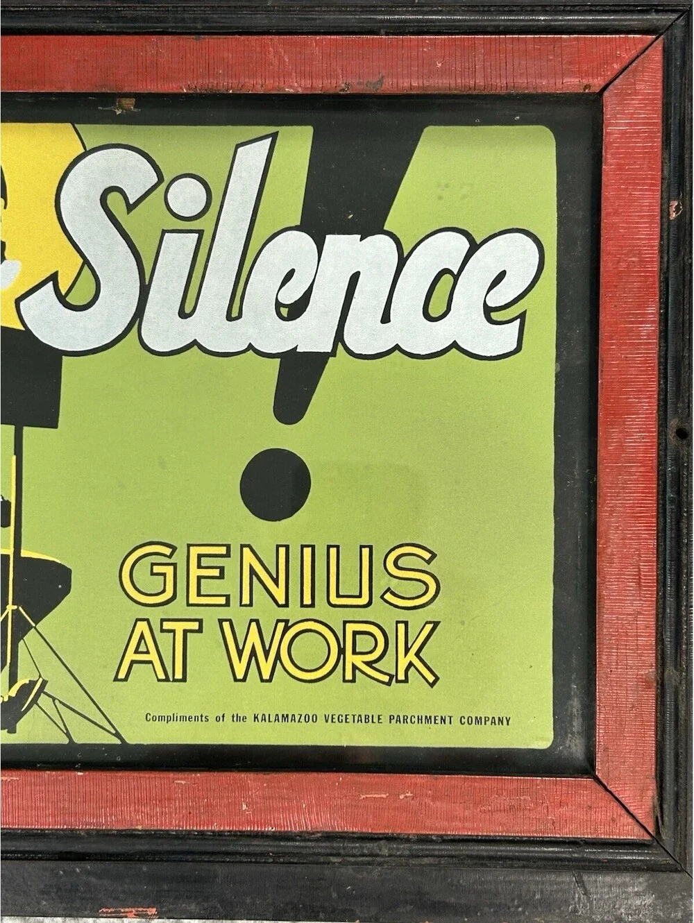 Vintage Silence Genius At Work Sign Framed Kalamazoo Vegetable Parchment 15